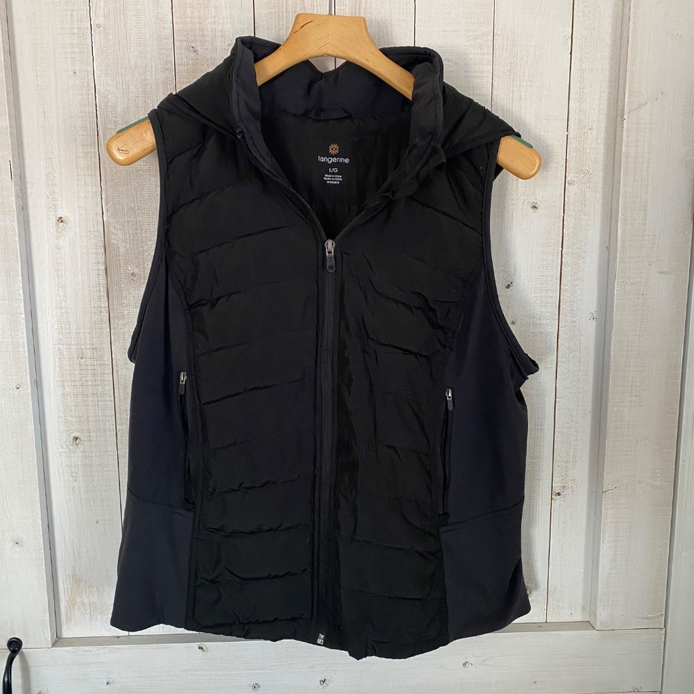 Tangerine Black Puffer Vest Large Hooded Zip Front Stretch‎ Side Panels